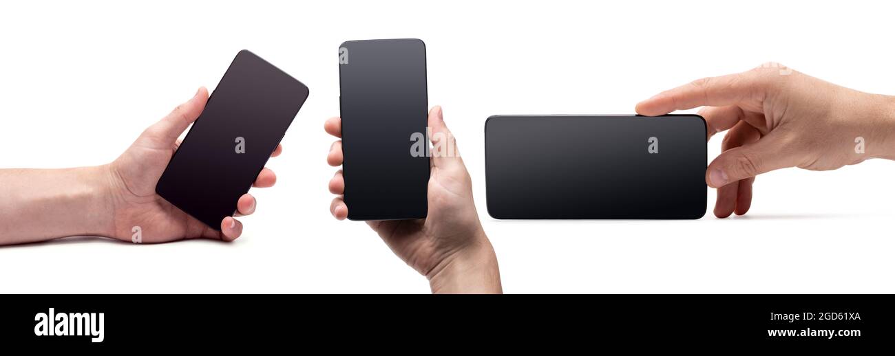 Hand holding black smartphone with blank screen isolated on white ...