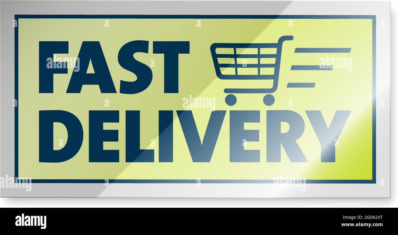 glossy FAST DELIVERY sign or sticker with shopping cart icon, vector illustration Stock Vector