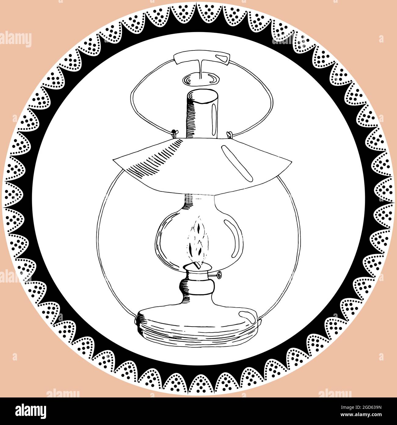 Doodle lantern, kerosene lamp in vintage style with lace. Silhouette of lamp hand drawn by pencil in black and white colors Stock Vector