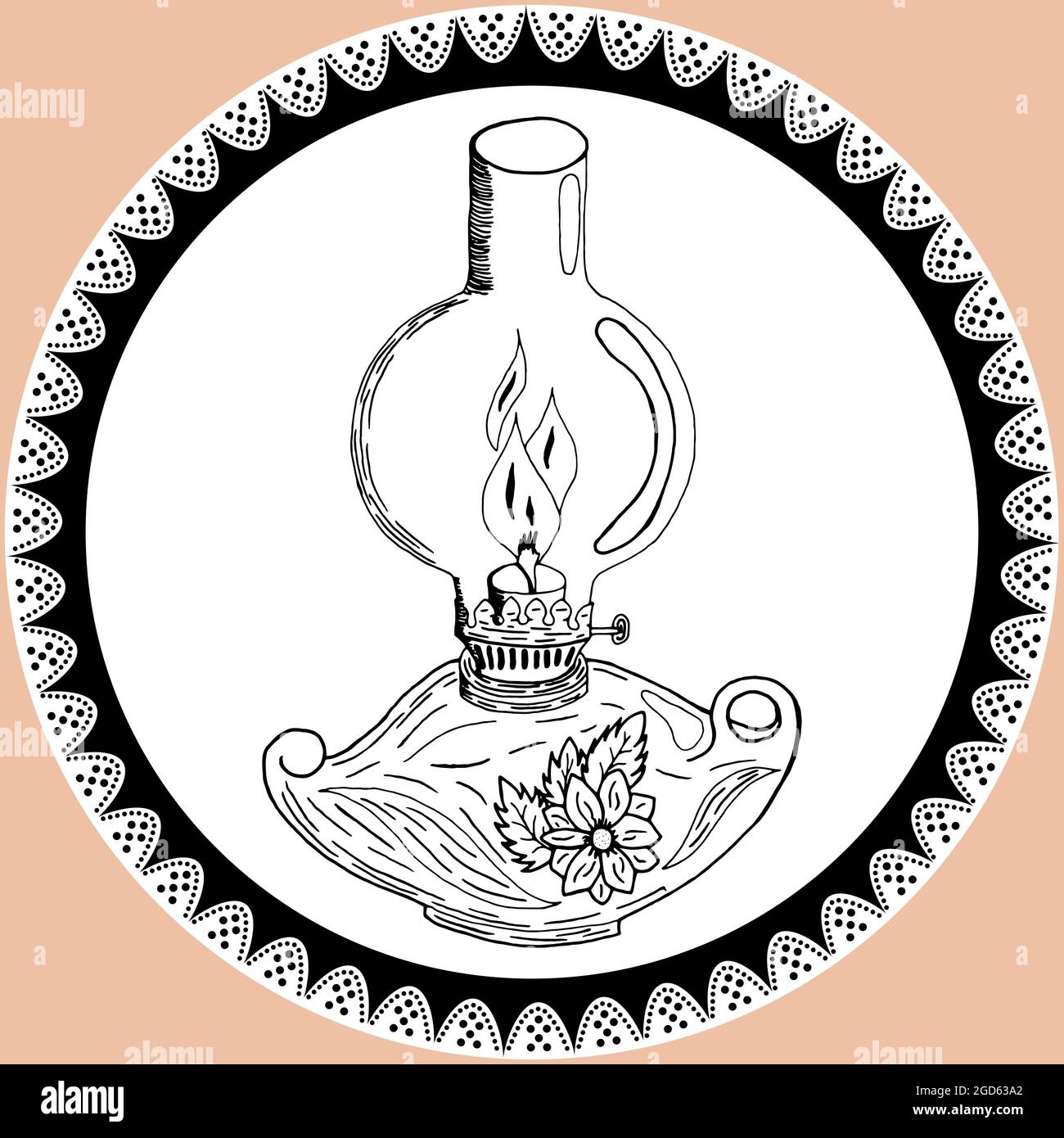 Doodle lantern, kerosene lamp in vintage style with lace. Silhouette of lamp hand drawn by pencil in black and white colors Stock Vector
