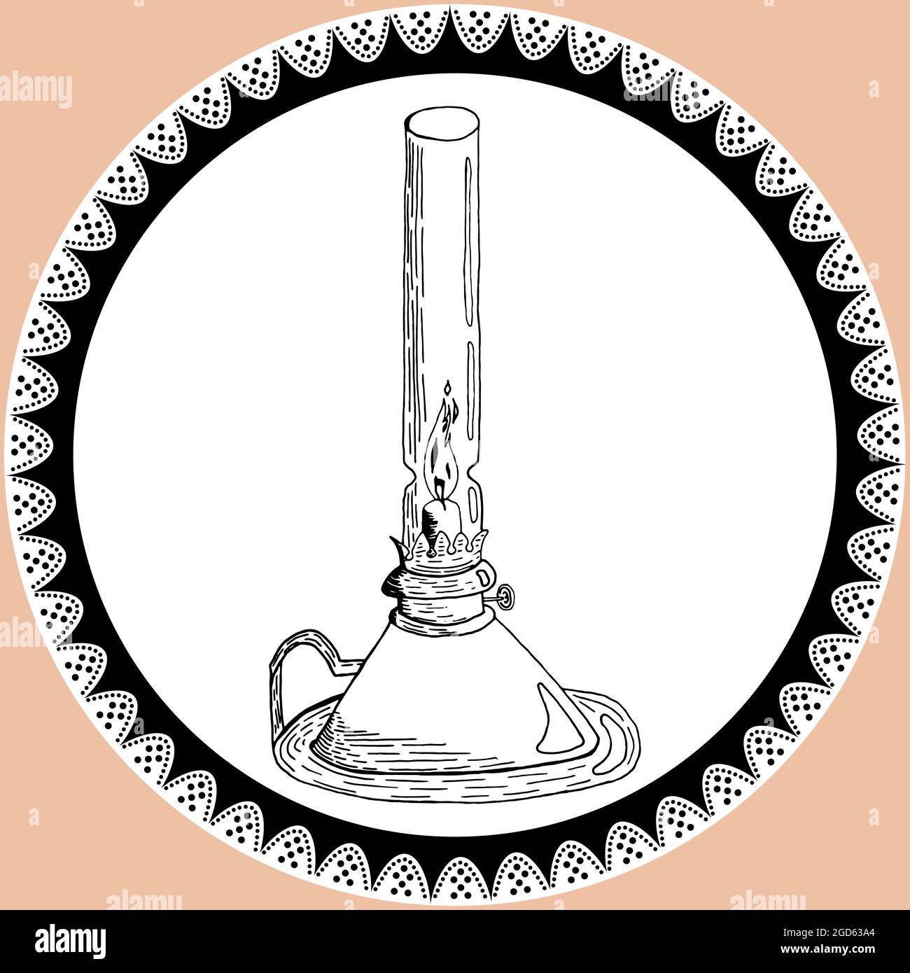 Doodle lantern, kerosene lamp in vintage style with lace. Silhouette of lamp hand drawn by pencil in black and white colors Stock Vector