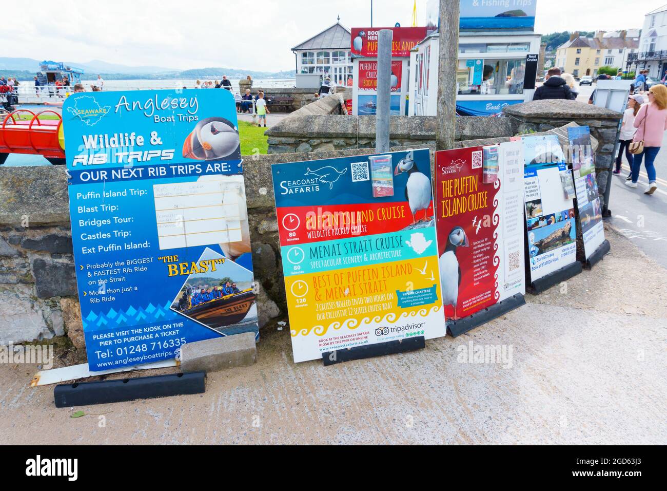 Signs advertising wildlife and boat trips around the Menai straits and Puffin Island on the sea front in Beaumaris Anglesey North Wales UK Stock Photo