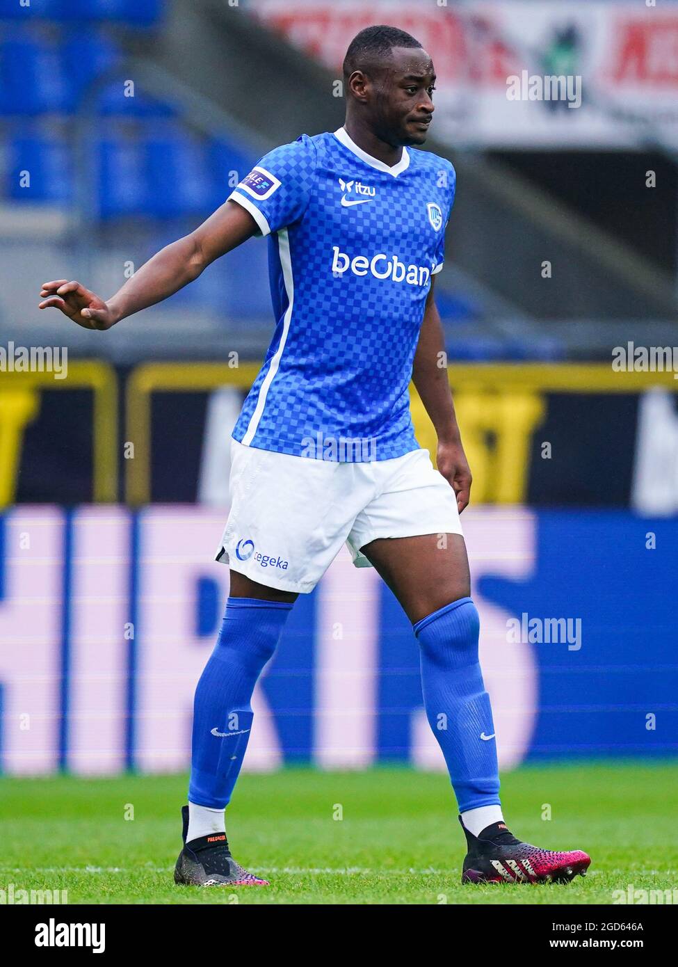 GENK, BELGIUM - JULY 14: Mujaid Sadick of Genk coaches his teammates during  the Club Friendly match between KRC Genk and AZ Alkmaar at Luminus Arena on  July 14, 2021 in Genk