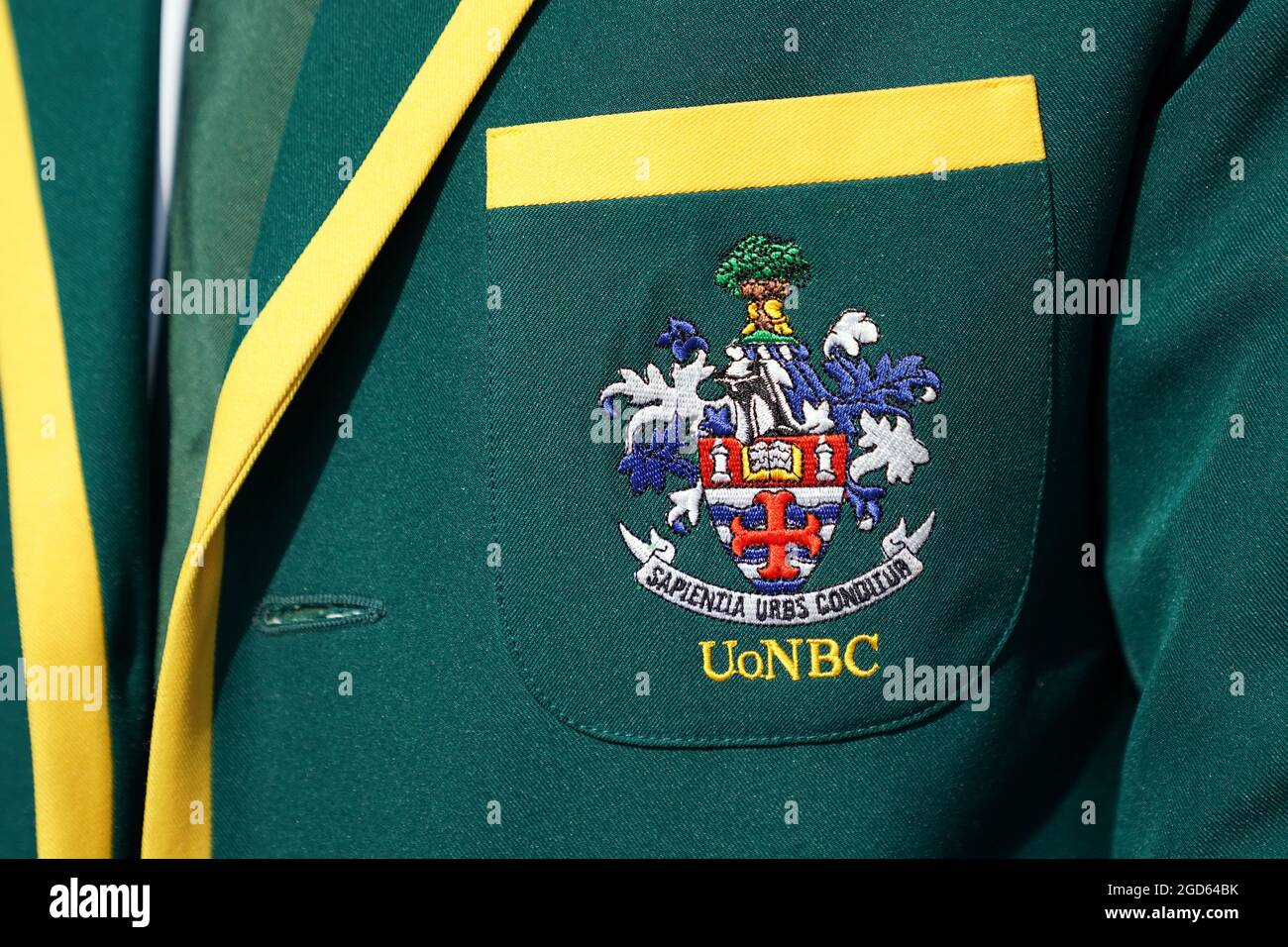 The University of Nottingham Boat club badge on a blazer on the opening day of the 2021 Henley Royal Regatta alongside the river Thames. Picture date: Wednesday August 11, 2021. Stock Photo