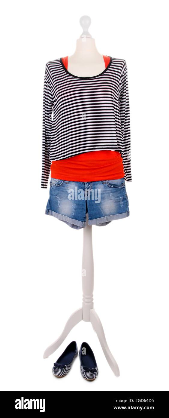 Female clothing on mannequin with shoes isolated on white Stock Photo