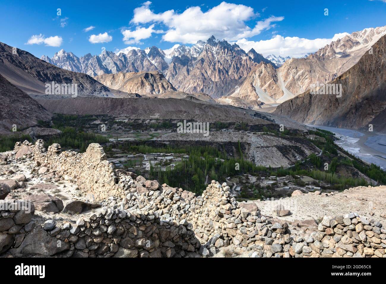 Panoramic view from ruined fort in Hunza valley Stock Photo