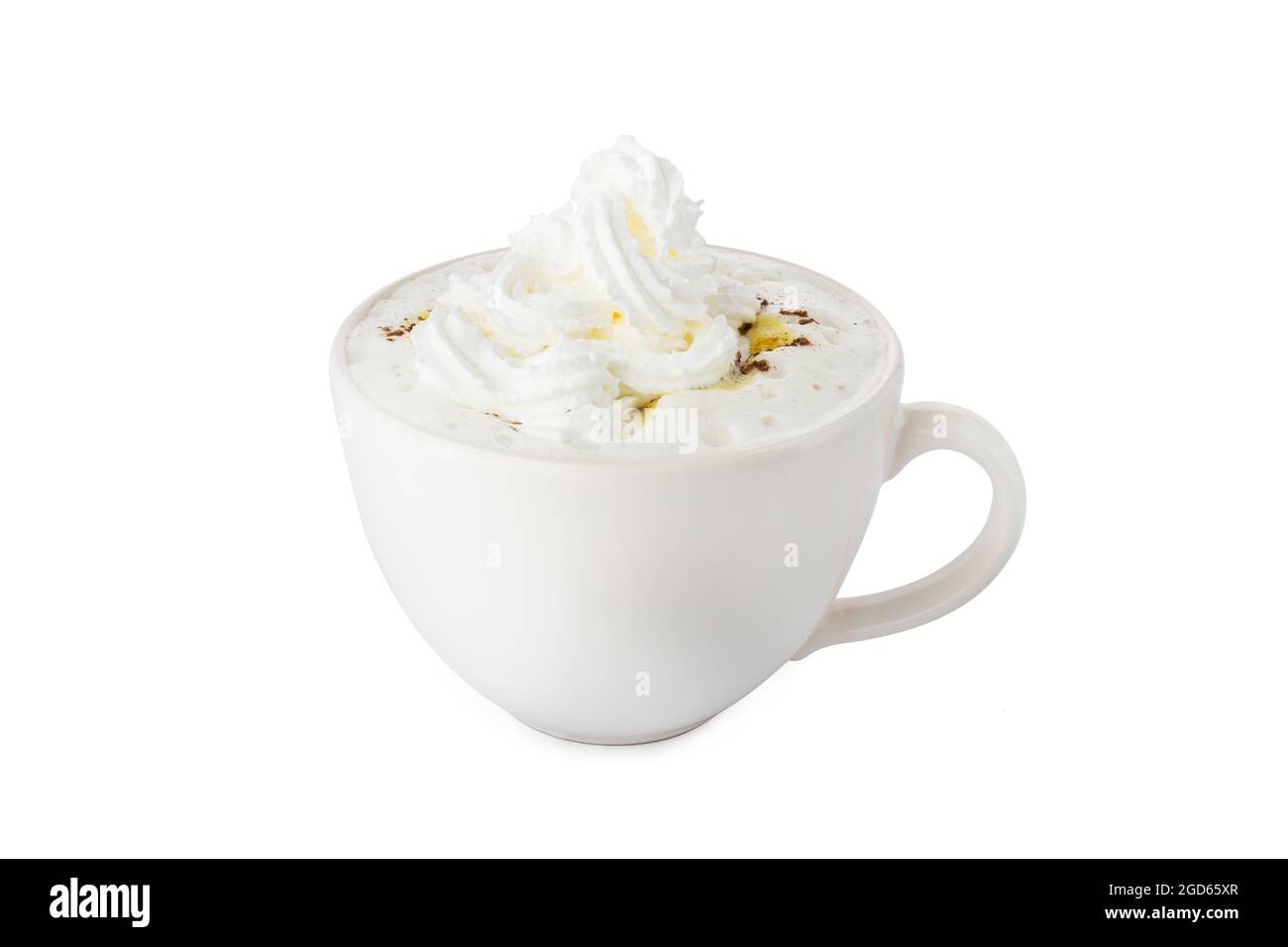 Turmeric latte, soy milk latte in white cup with whipped cream, on