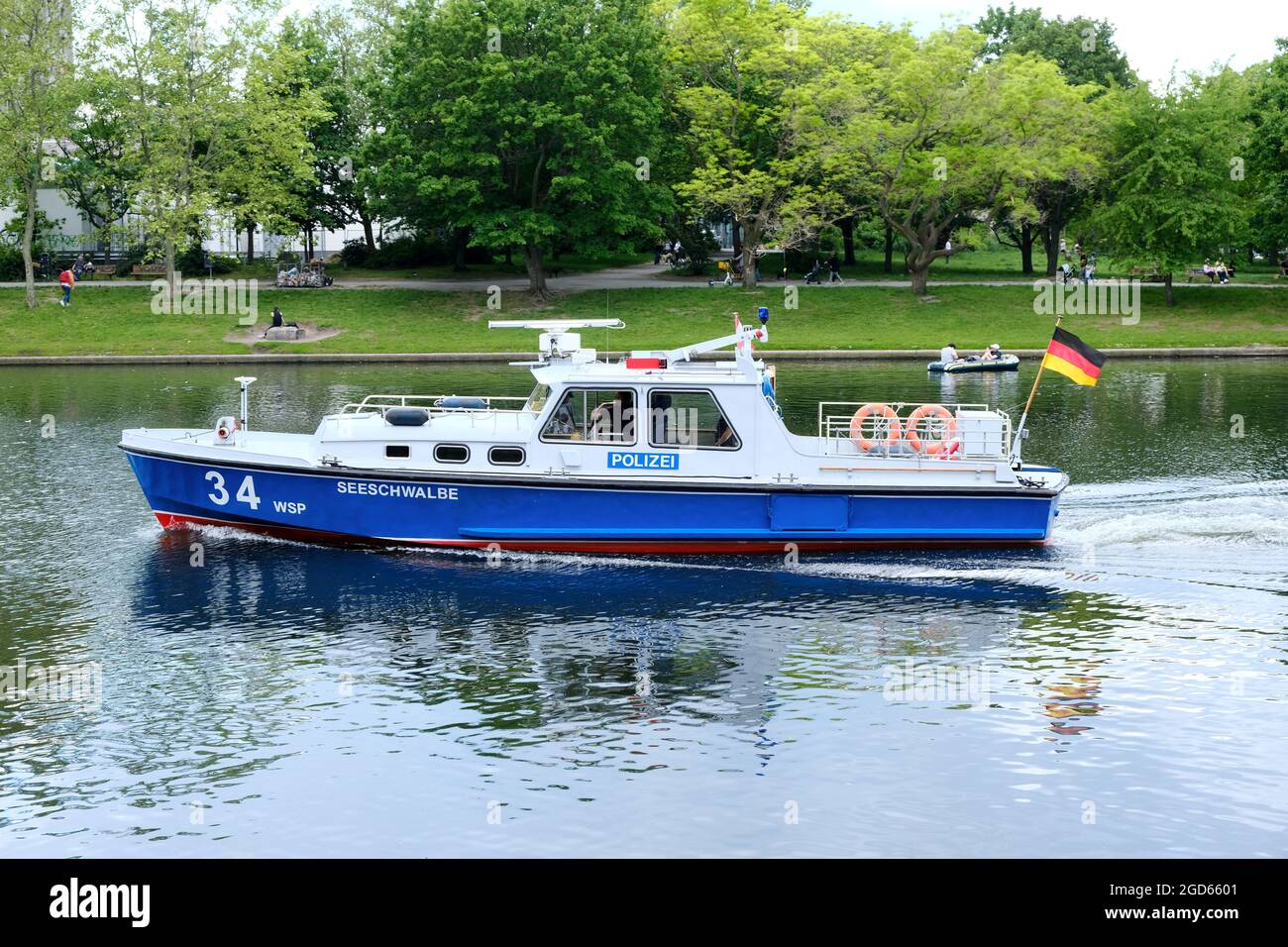 Berlin, June 2, 2021,' Seeschwalbe' ('Lake swallow'), boat of the water police on the Landwehr Canal on the heights of Urbanhafen in Kreuzberg. Stock Photo