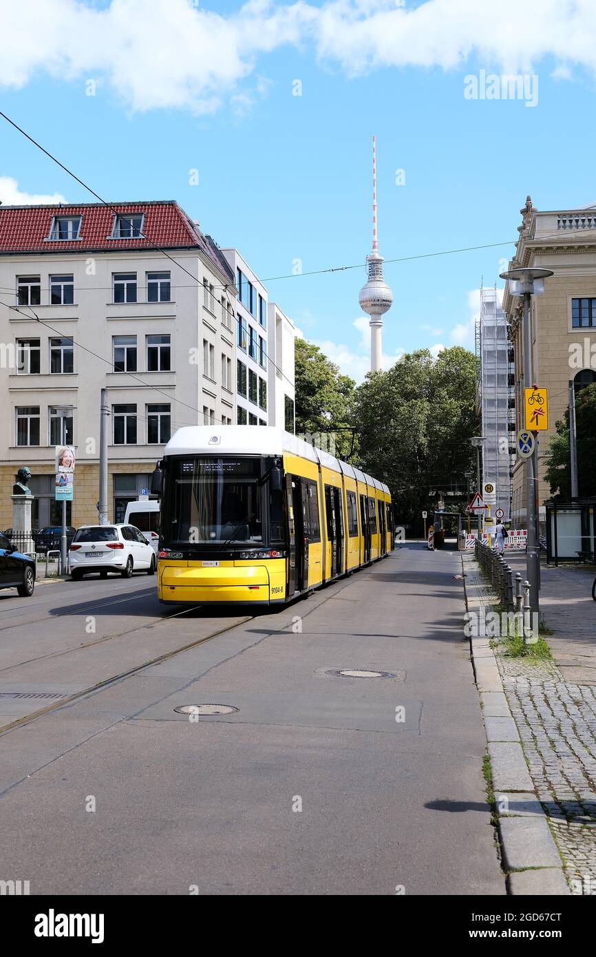 Berlin, Germany, August 8, 2021, waiting streetcar in Dorotheenstraße with TV tower in the background. Stock Photo