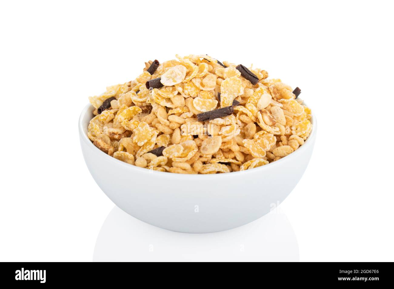 Corn flakes. chocolate corn flakes in white bowl without milk, on white