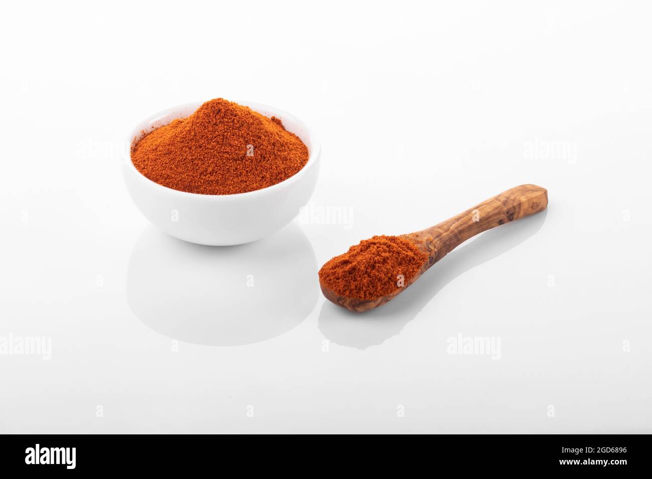 Red hot pepper powder. Pepper powder in white bowl, on white background. macro shot peppe powder. Stock Photo