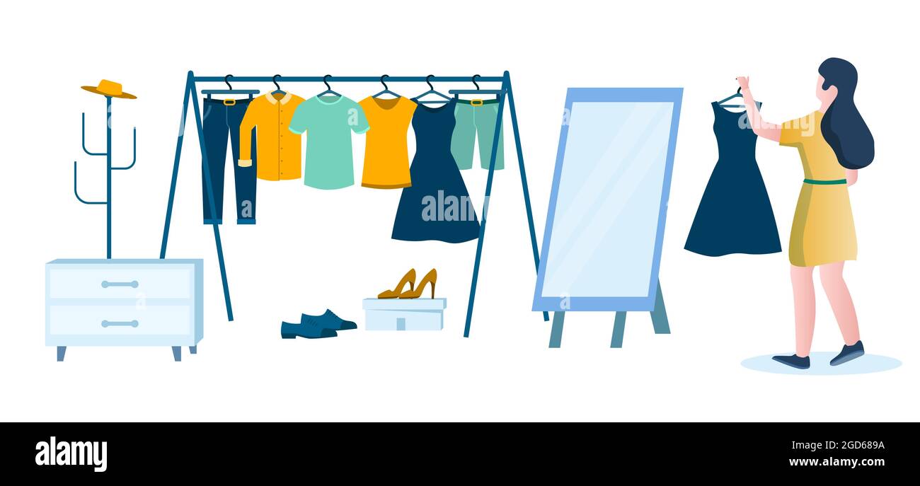 Woman in dressing room, vector illustration. Female cartoon character