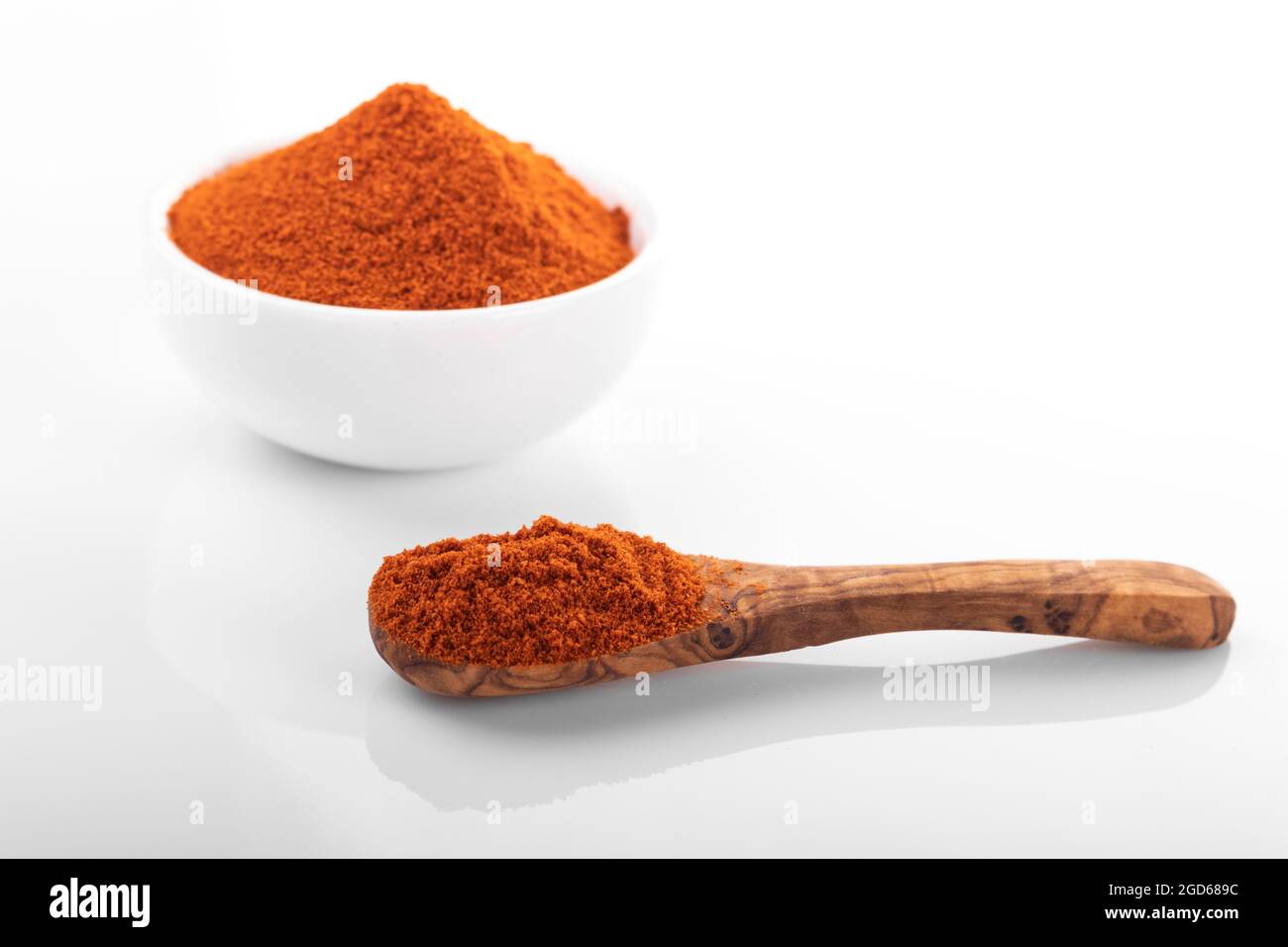 Red hot pepper powder. Pepper powder in white bowl, on white background. macro shot peppe powder. Stock Photo