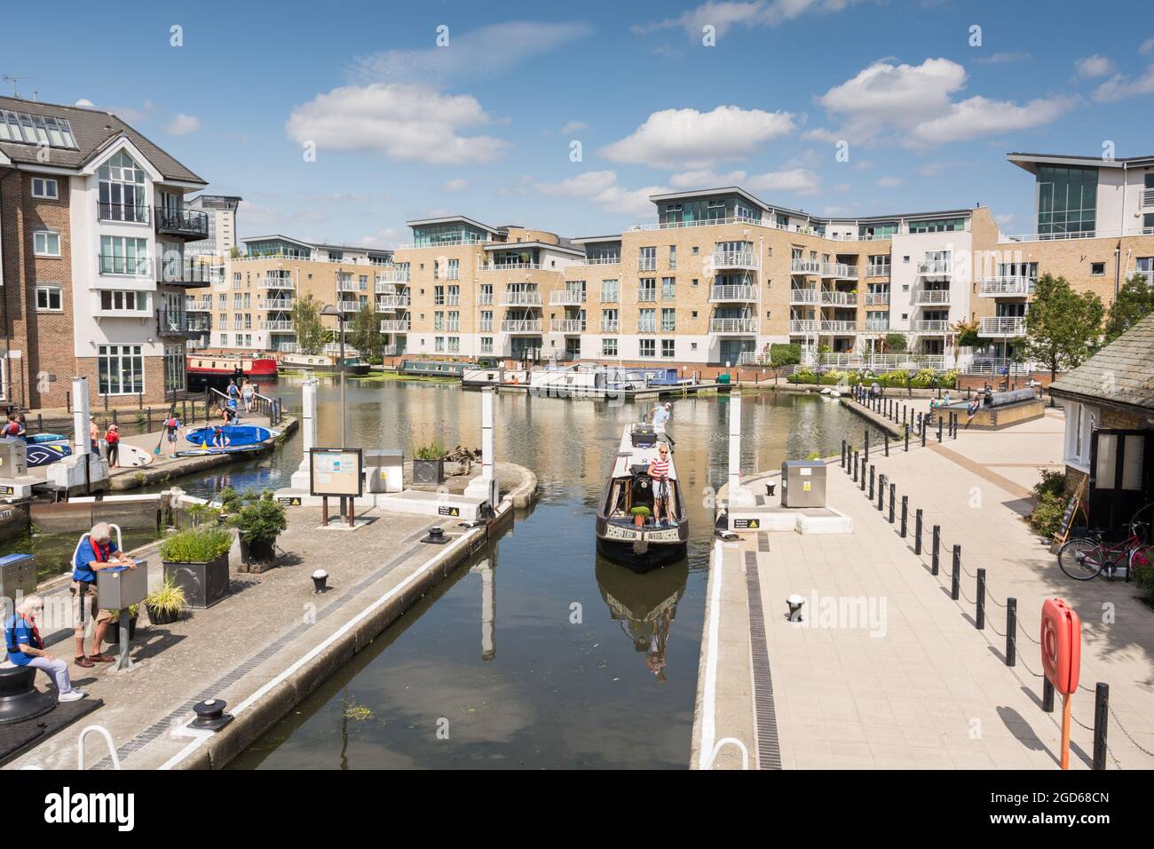 A narrowboat entering Brentford Gauging Locks on the River Brent