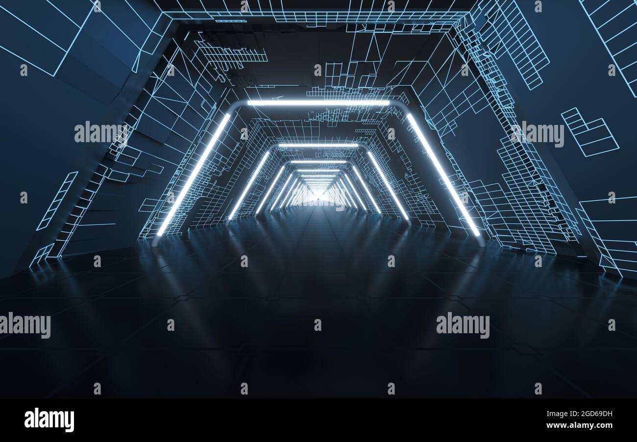 Tunnel and neon with blue background, 3d rendering. Computer digital ...