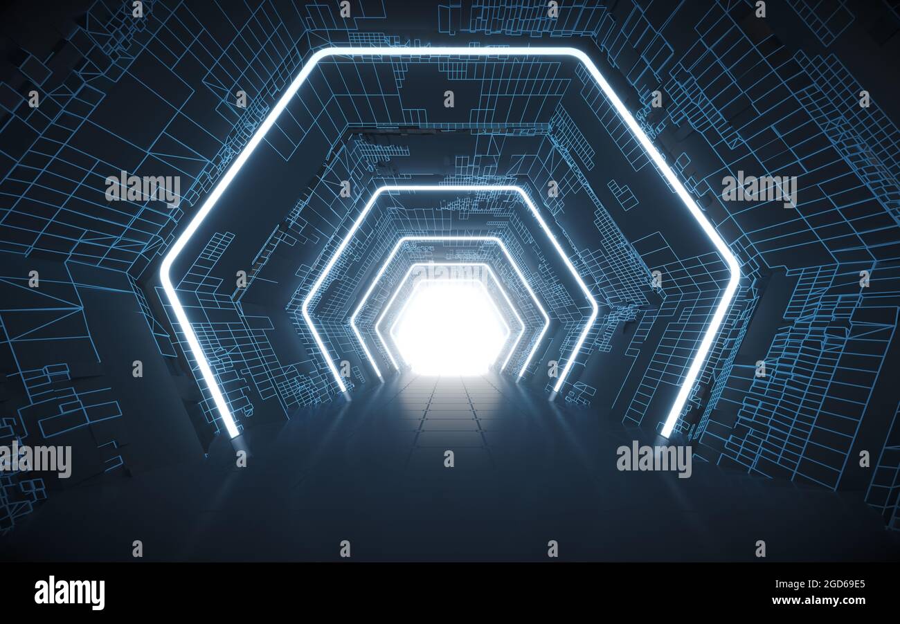 Tunnel and neon with blue background, 3d rendering. Computer digital ...