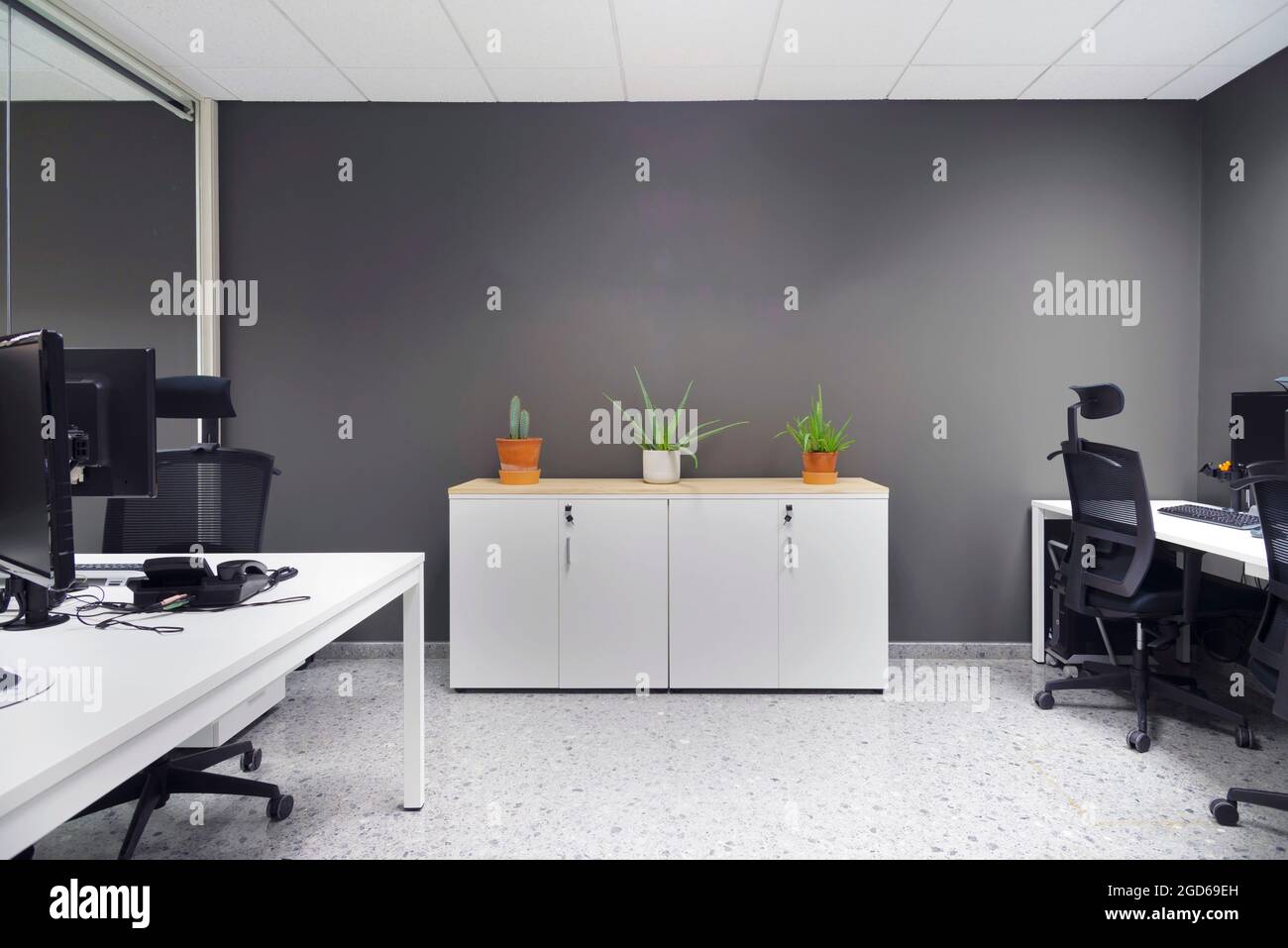 modern open space office with computer monitors on white desks Stock Photo