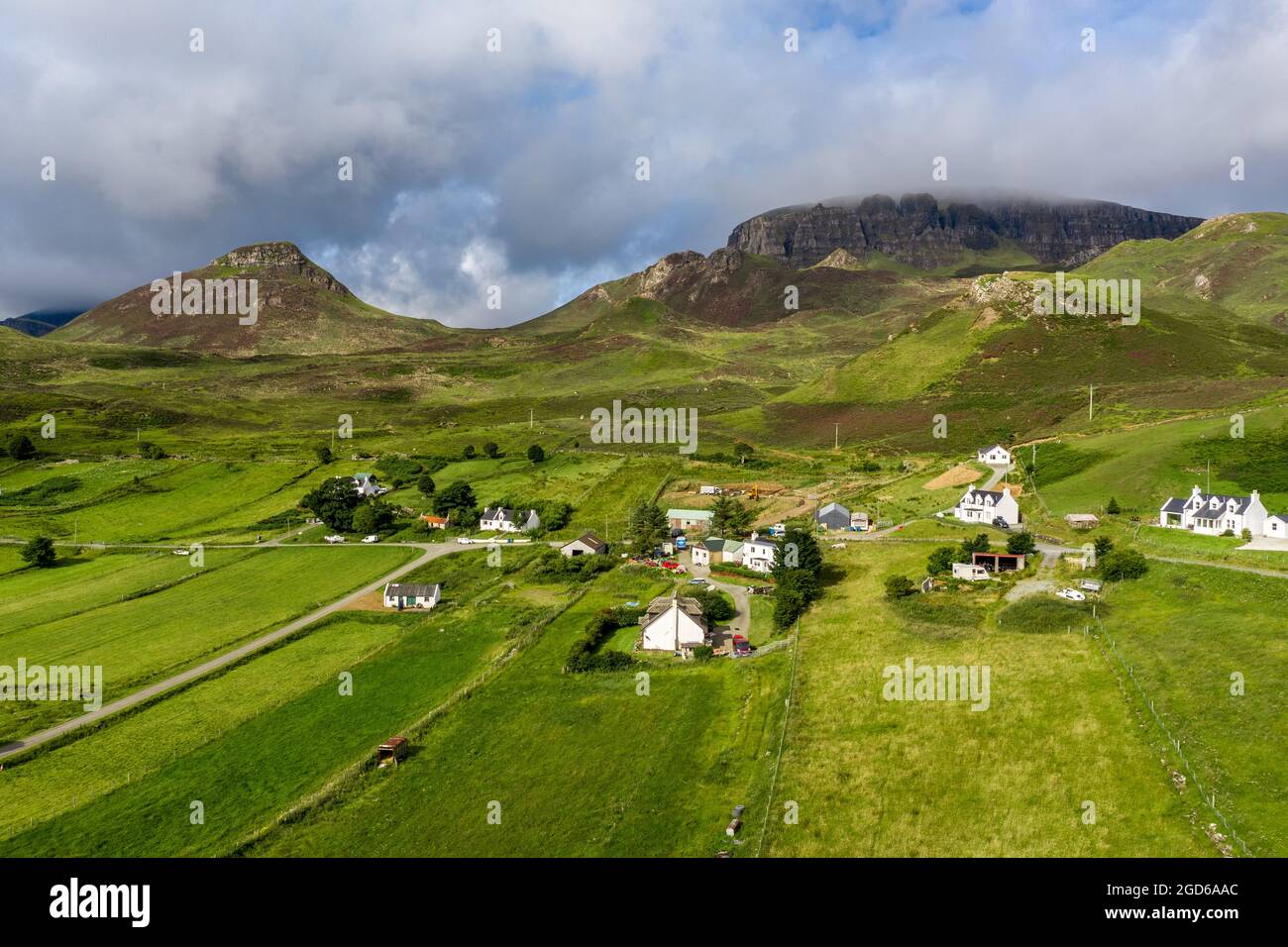 Quiraing, a scenic place along the Quiraing in the isle of Skye in Scotland. A lot of tourist can be found hiking in this area in summertime. Stock Photo