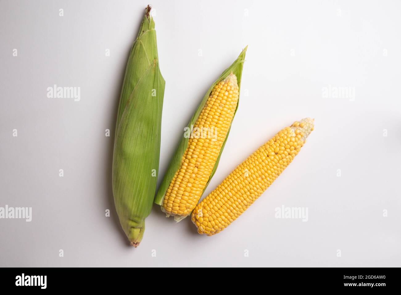 Fresh corn cobs on flat white background. High quality photo Stock Photo