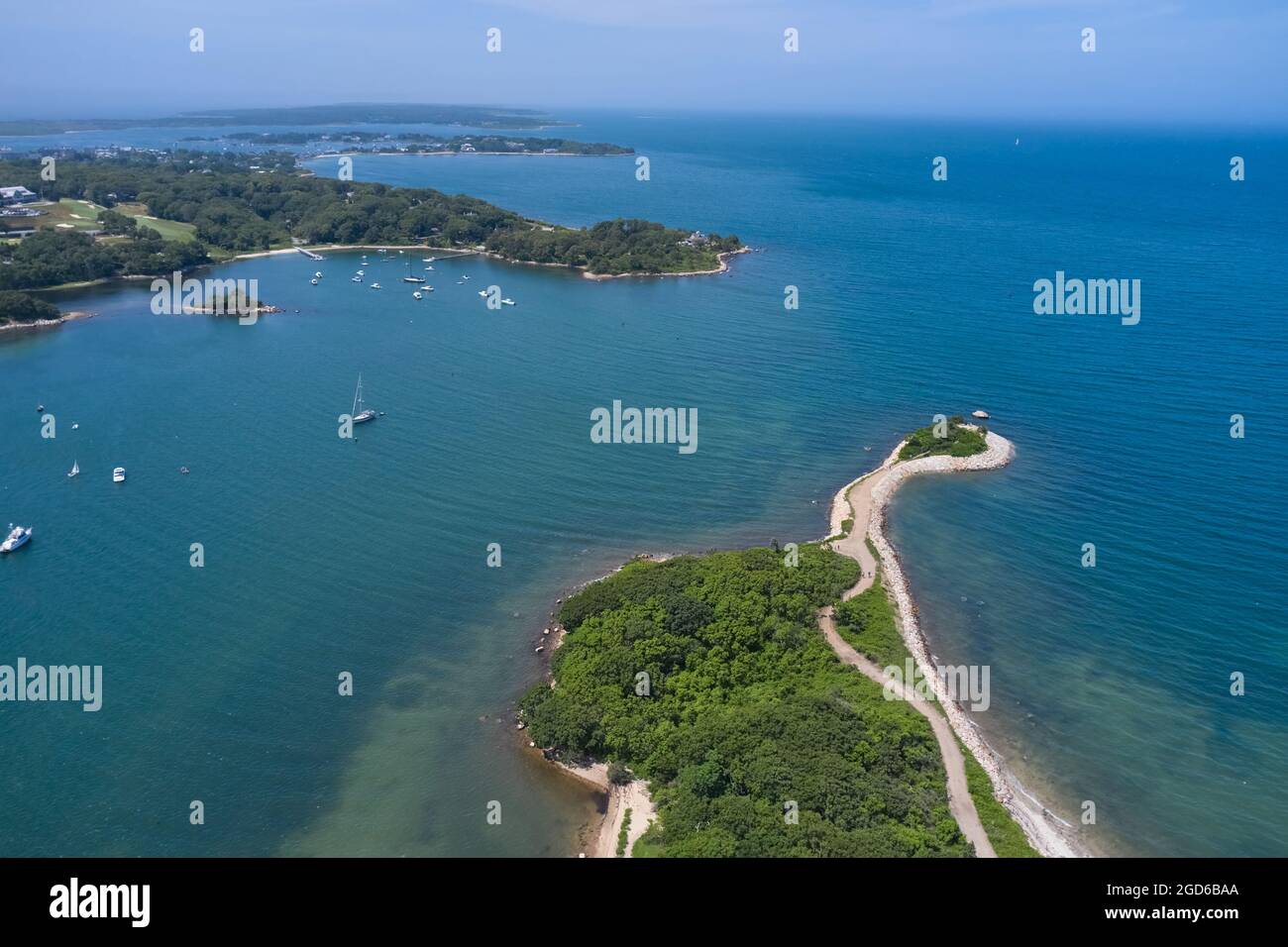 Aerial drone view of the Knob, Quissett harbor, Gansett point and