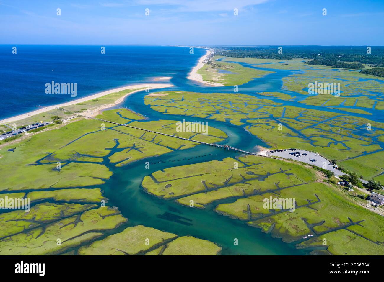 Aerial view of Sandwich Boardwalk, Town Neck Beach and salt marshes, Sandwich, Cape Cod Stock Photo