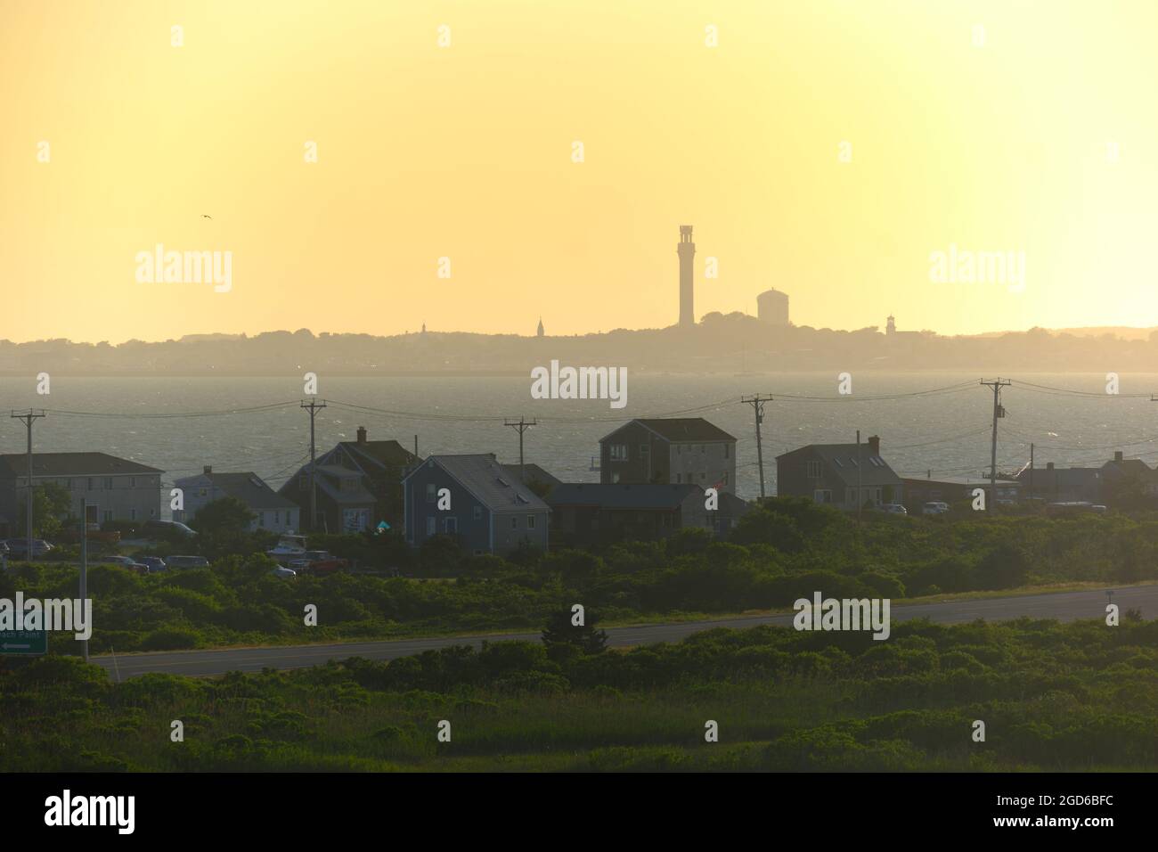 Provincetown and cottages silhouette at sunset, Cape Cod Stock Photo