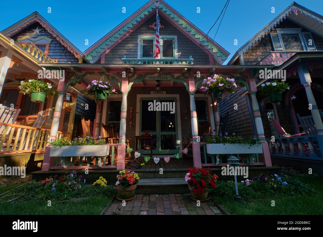 Historic Victorian gingerbread cottage in Oak Bluffs, Martha's Vineyard Island Stock Photo