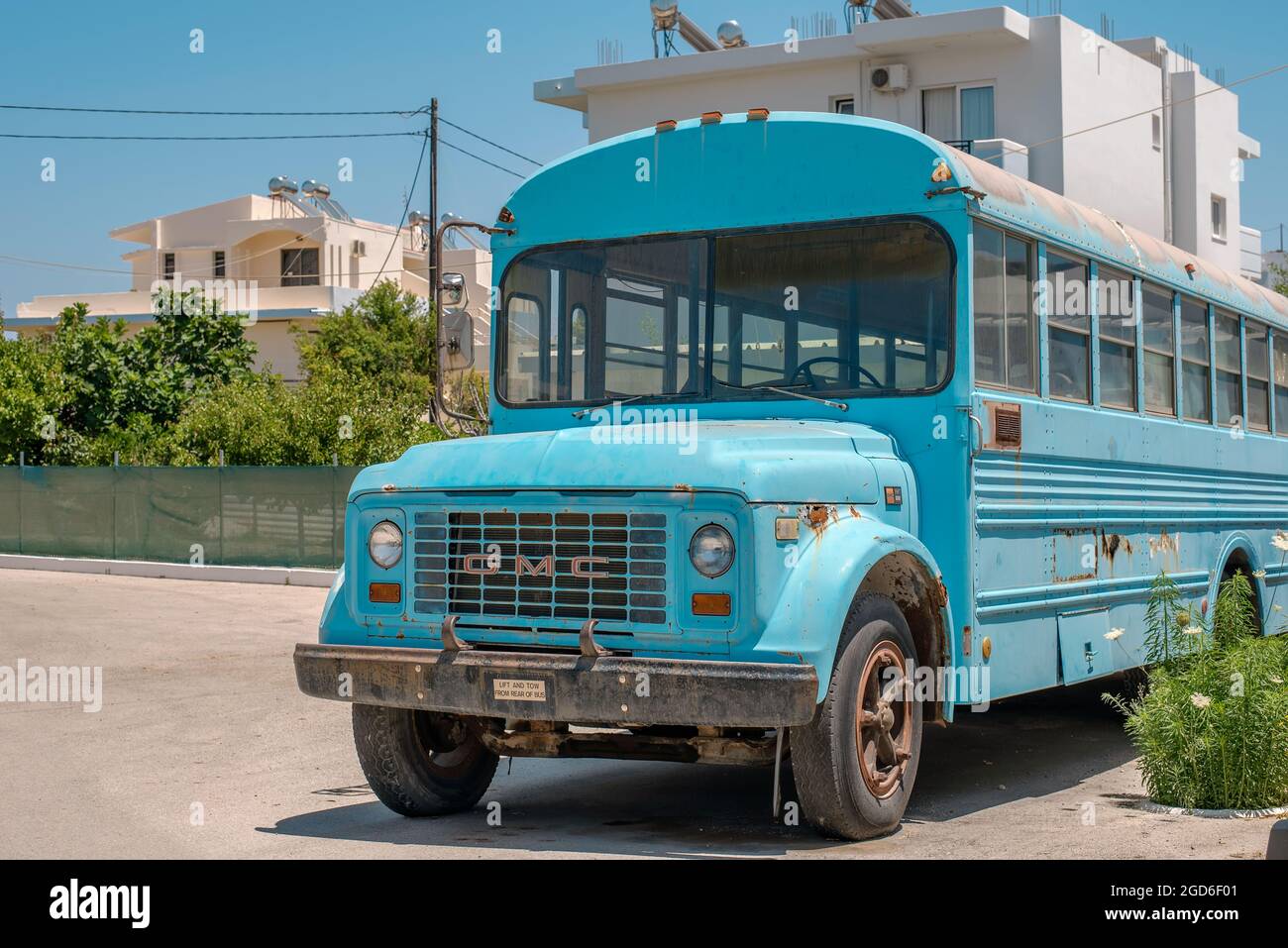 Rhodes, Greece - June 27, 2019: Big old blue school bus, vintage GMC truck model 6000 Stock Photo