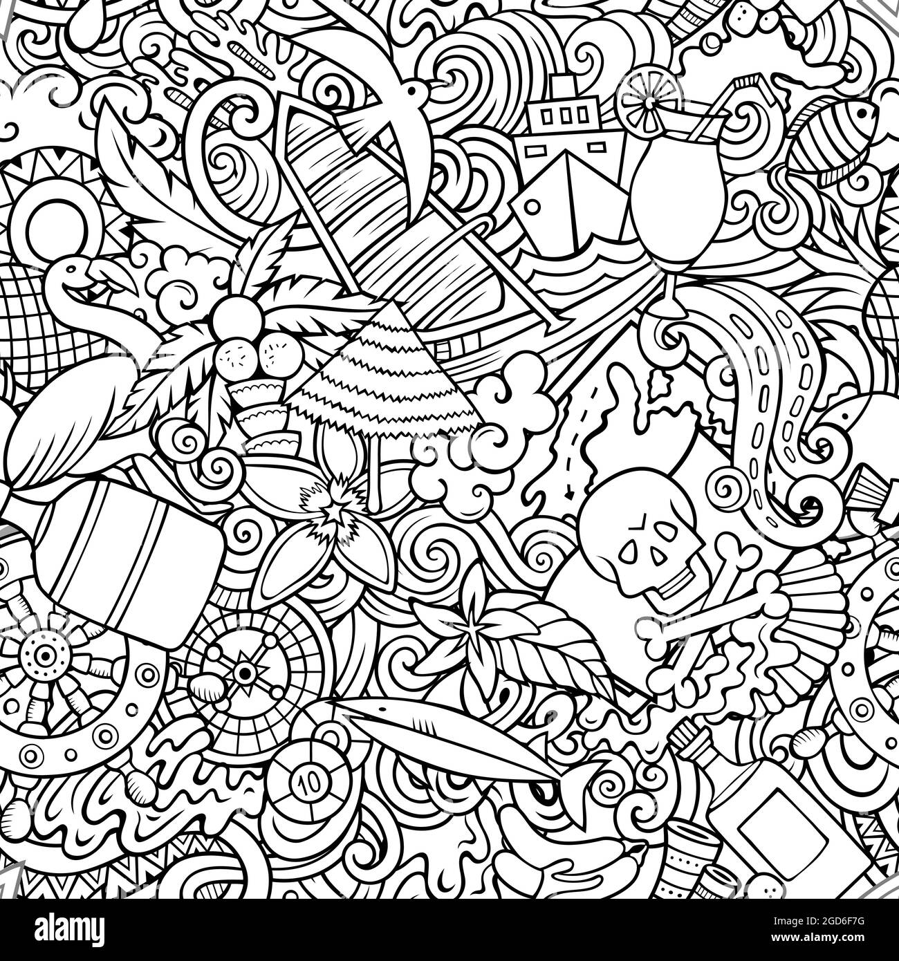 Cartoon doodles Bahamas seamless pattern. Backdrop with Bahamian culture symbols and items. Line art detailed, with lots of objects background for pri Stock Vector