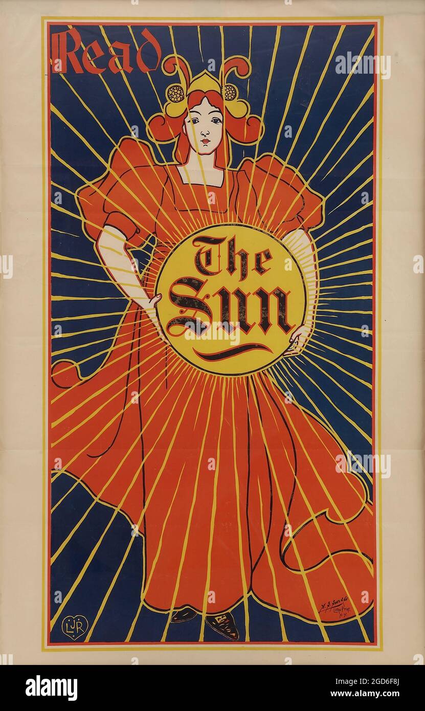Old and vintage advertisement / poster. Louis J. Rhead (1857–1926) – Classic Art Nouveau "Read The Sun" Advertising Poster Stock Photo