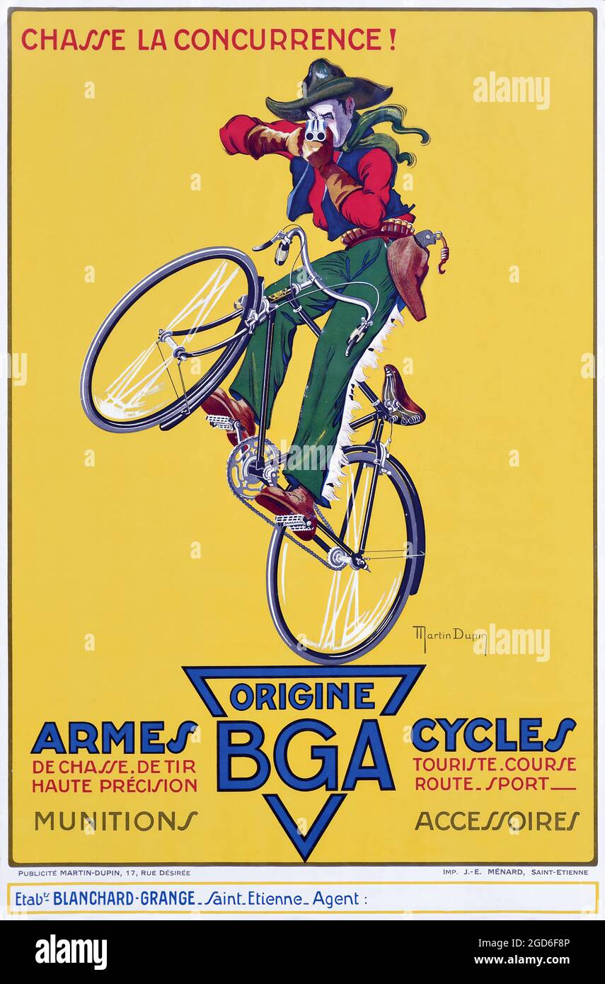 Old and vintage advertisement / poster. Arwork by Martin Dupin - Origine BGA armes, munitions, cycles accessoires - ca. 1930 Stock Photo