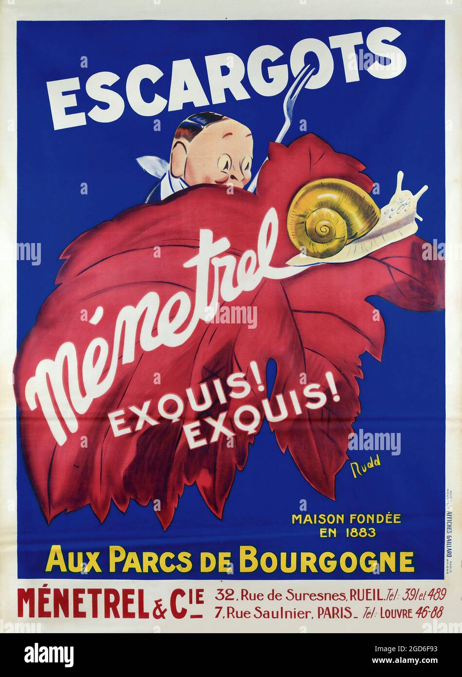 Old and vintage advertisement / poster. Escargots Menetrel, 1926. France. Artist: Rudd. Stock Photo