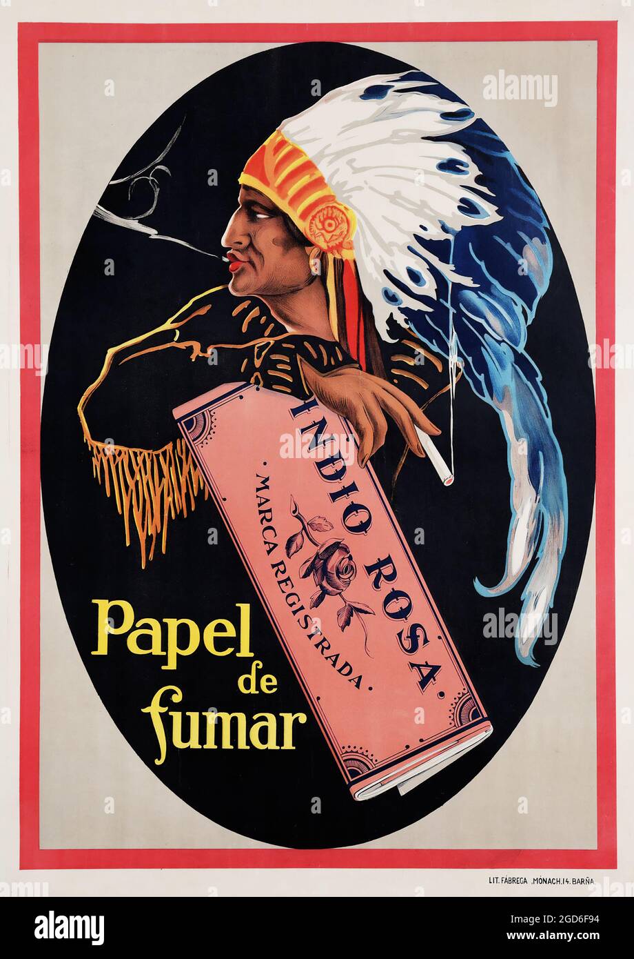 Old and vintage advertisement / poster. Unknown artist - Papel de Fumar (cigarette paper) Indio Rosa, Barcelona (Spain) - 1960s Stock Photo