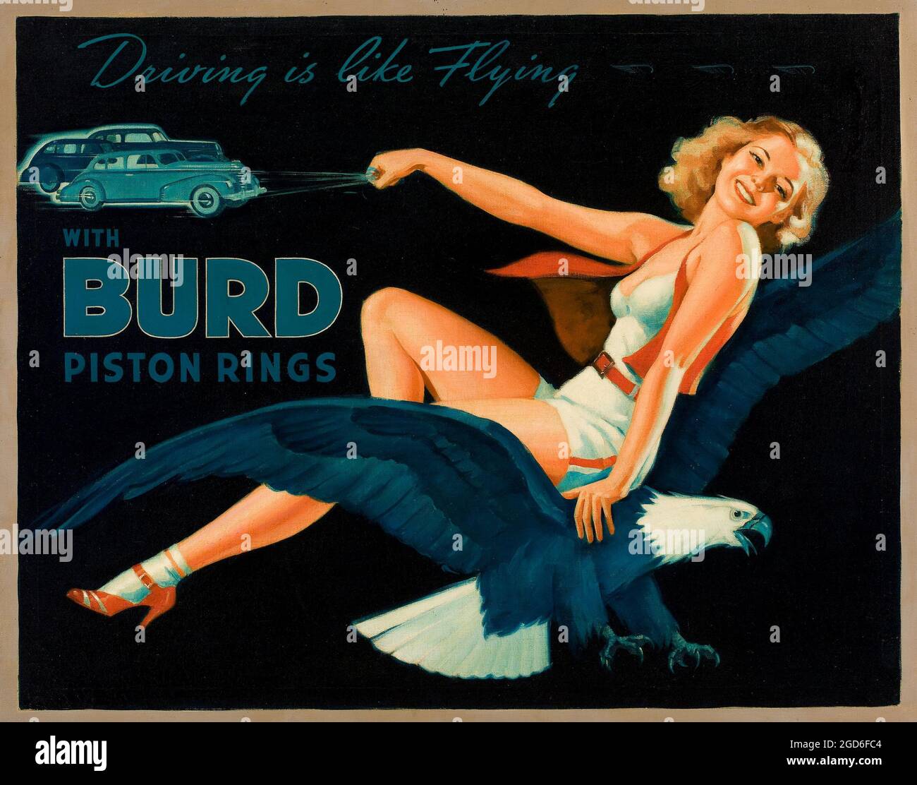 Old and vintage advertisement / poster. Unknown artist (20th Century). Driving is Like Flying, Burd Piston Rings ad illustration. Oil on canvas Stock Photo
