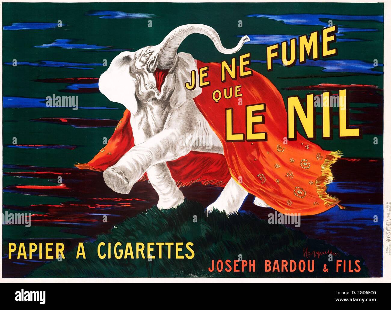Old and vintage advertisement / poster. Leonetto Cappiello – Je Ne Fume Que Le Nil, 1912 poster. Cigarette paper advertisement with a happy Elephant. Stock Photo