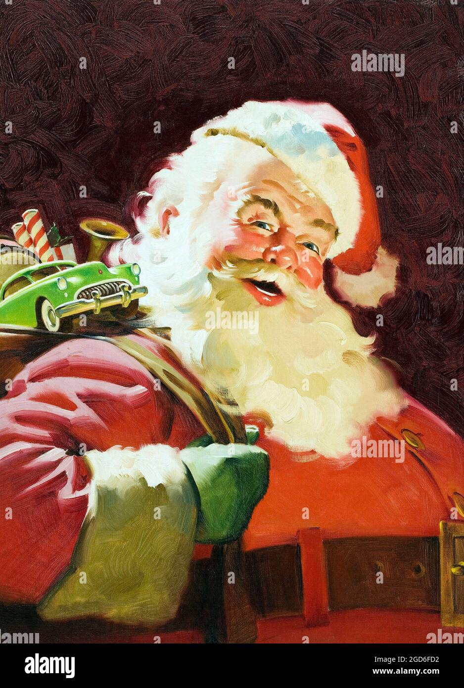 Old and vintage advertisement / poster. A Classic Santa Claus and His Bag of Gifts. Oil on canvas. Artist unknown. Stock Photo