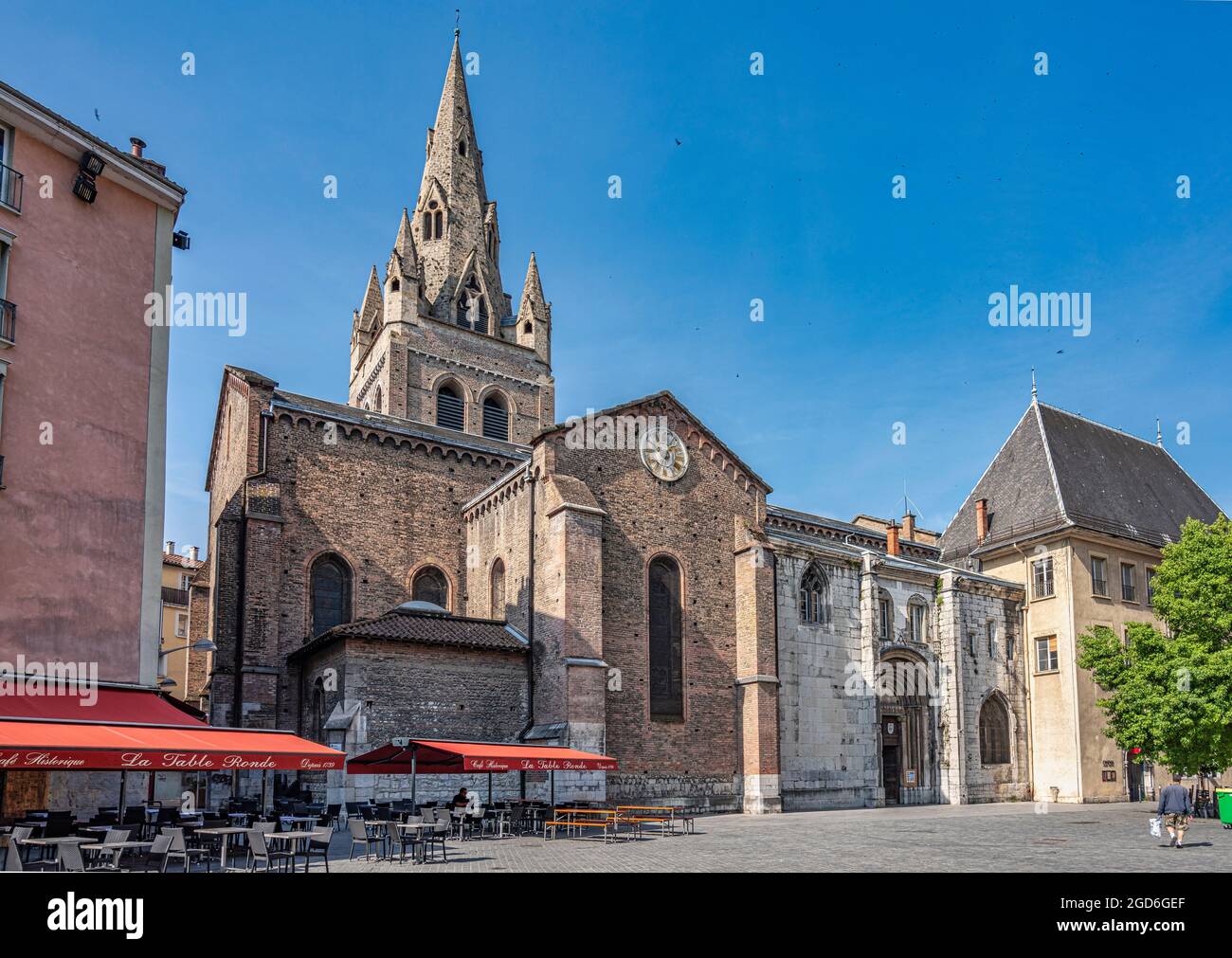 Facade and bell tower of the Collegiate Church of Saint  Andrew in Grenoble. It was the private chapel of the Dolphins, founded in 1228. France Stock Photo