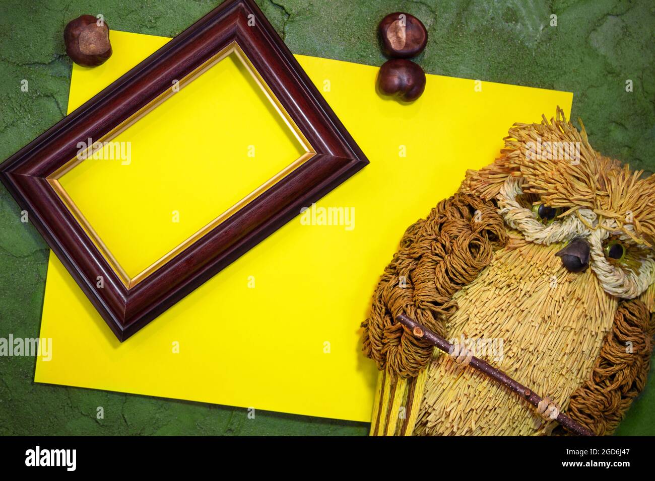 Yellow paper with owl and frame, chestnuts on green background. Place for text. Copy space Stock Photo