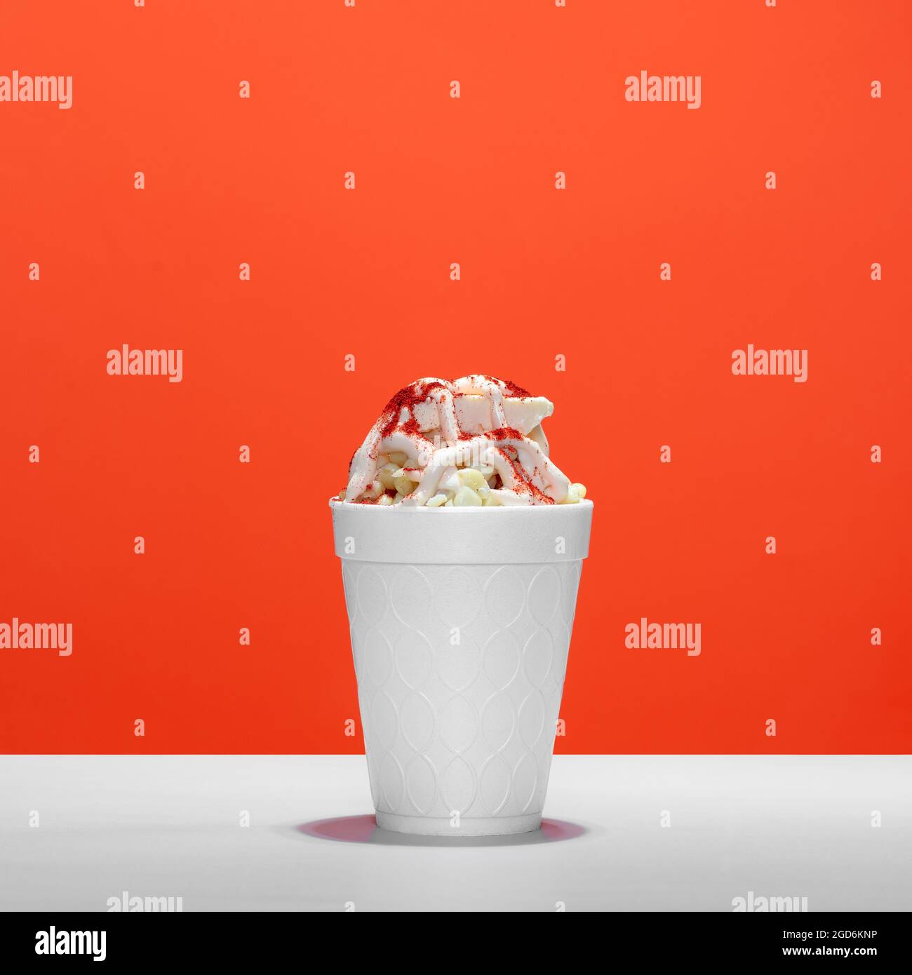 Mexican snack, trolley, prepared esquite, corn in a cup, with chili