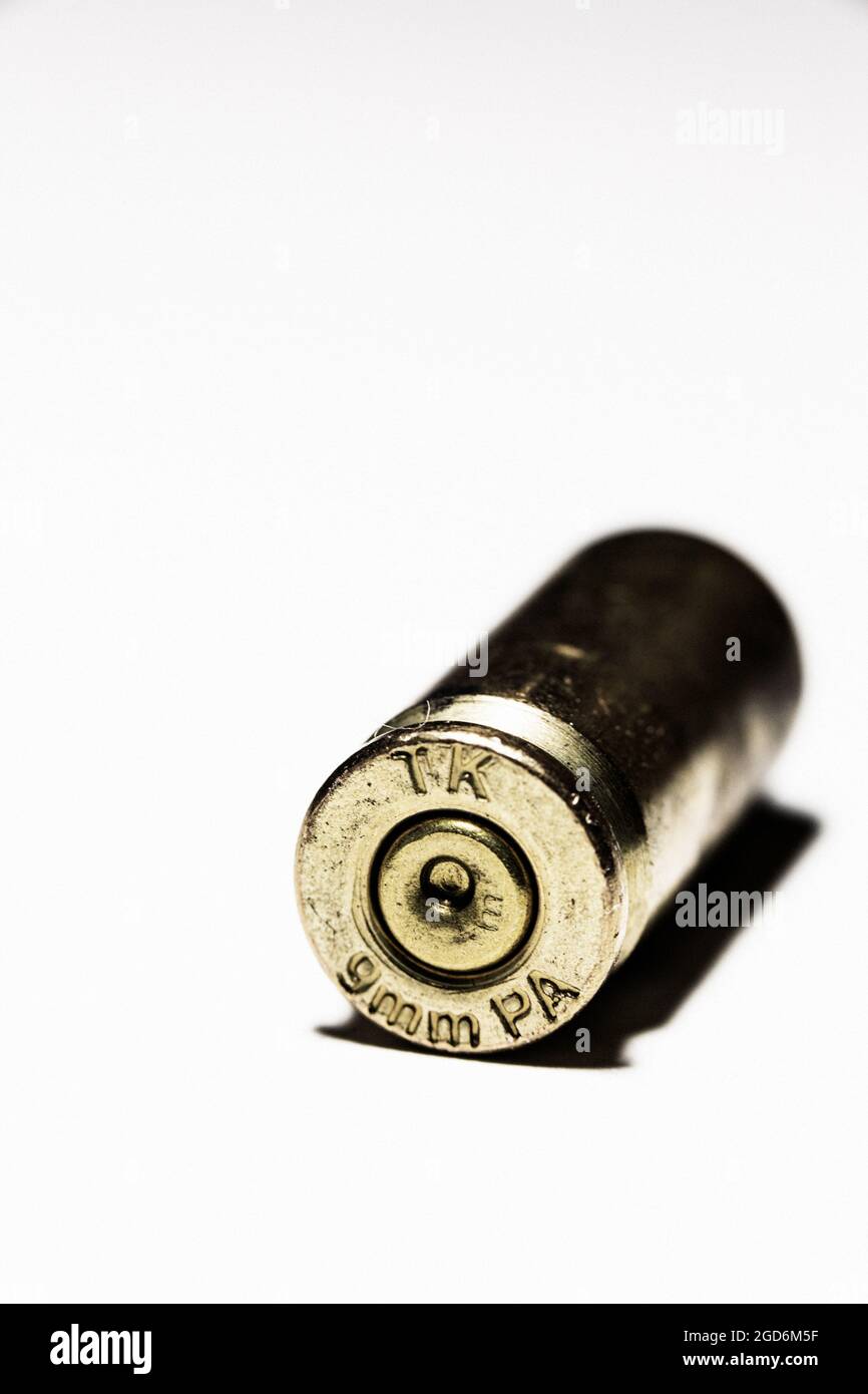 Used cartridge cases on white background Stock Photo Alamy
