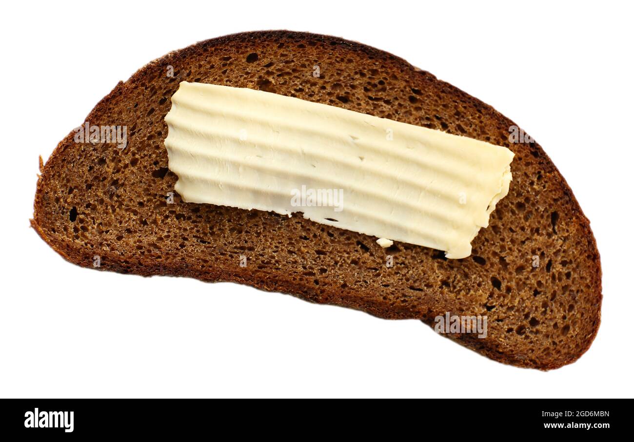 Slice of rye bread with butter, isolated on white Stock Photo
