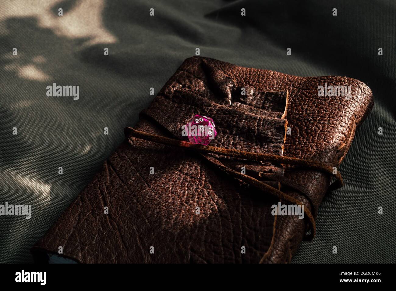 Image of a transparent pink 20-sided die on top of a brown leather-bound book partially lit by sunlight Stock Photo