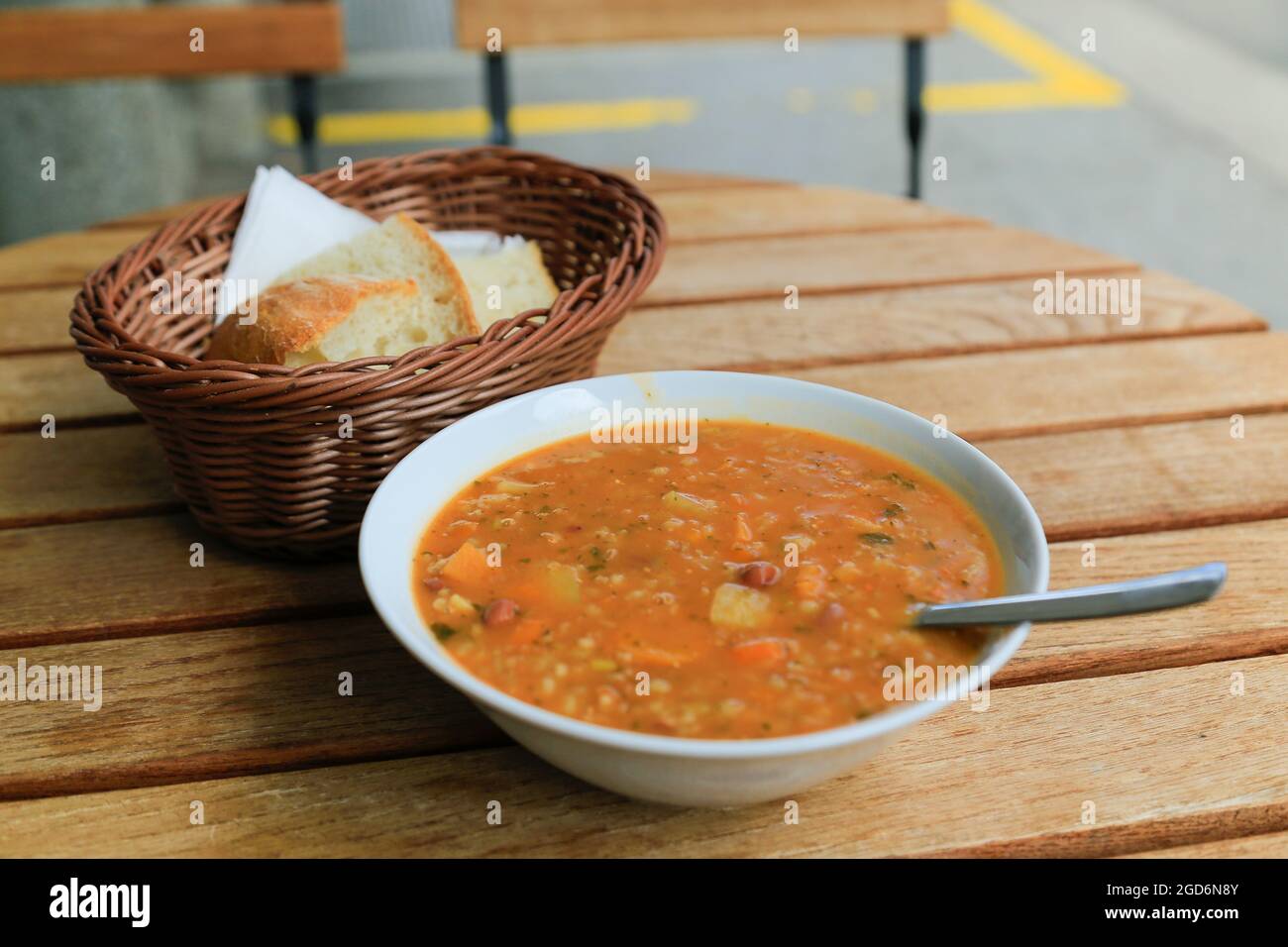 Ricet soup on wooden table - traditional Slovenian dish. Stock Photo