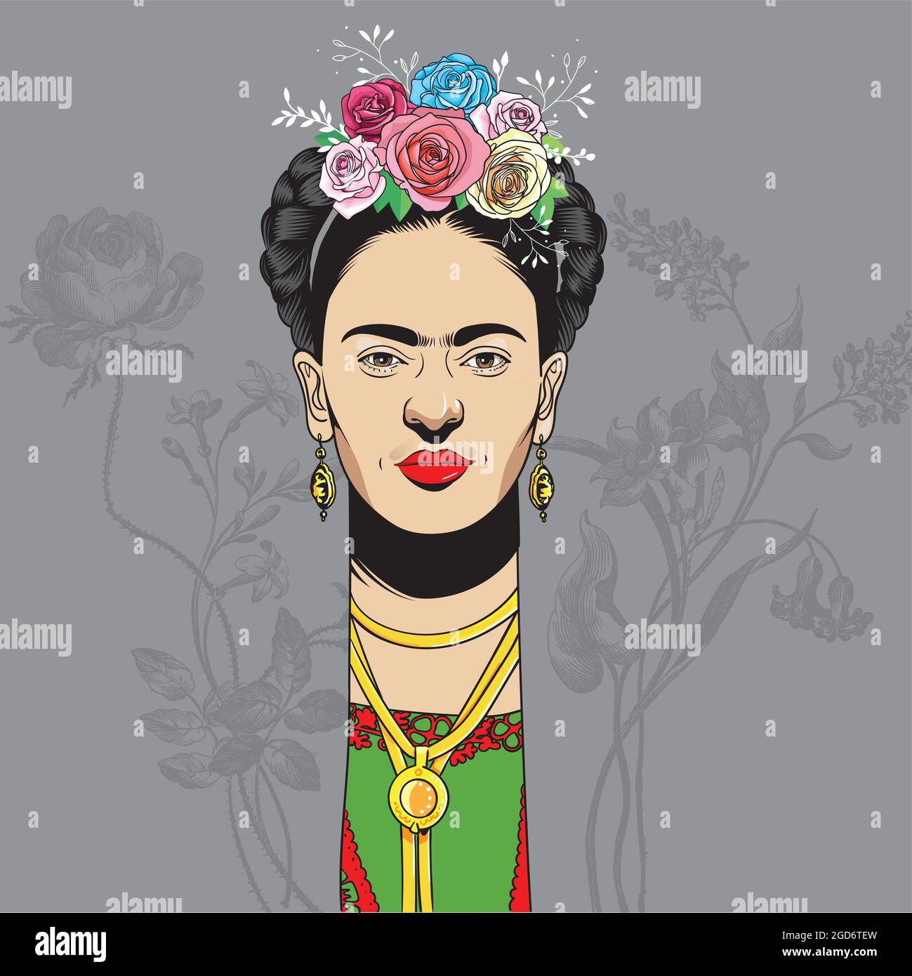 Frida Kahlo cartoon style portrait, She was a Mexican painter known for her many portraits, self-portraits, and works inspired by the nature and artif Stock Vector