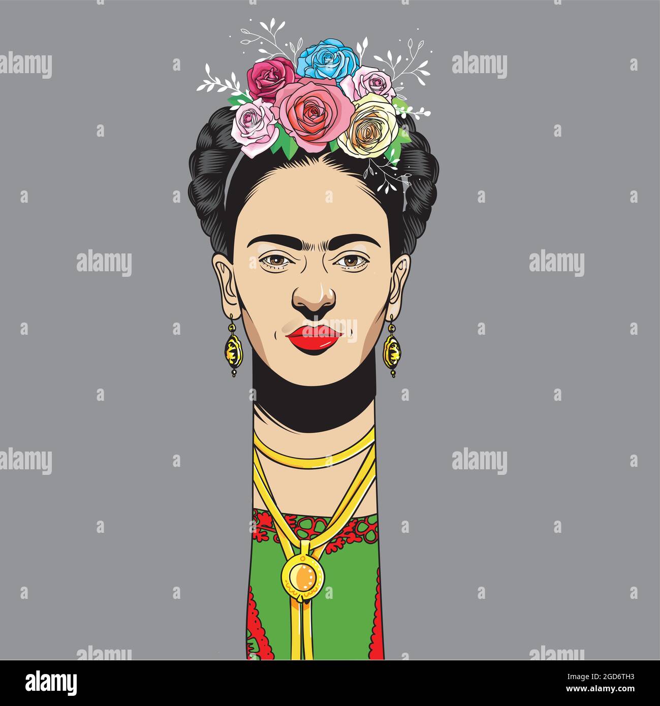 Frida Kahlo cartoon style portrait, She was a Mexican painter known for her many portraits, self-portraits, and works inspired by the nature and artif Stock Vector