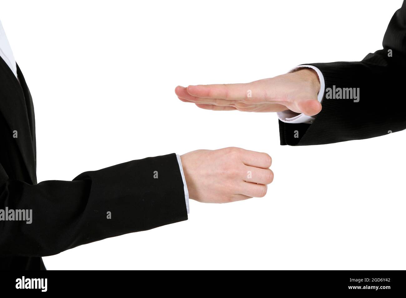 Scissors, paper, stone, scissors hands isolated on white Stock Photo