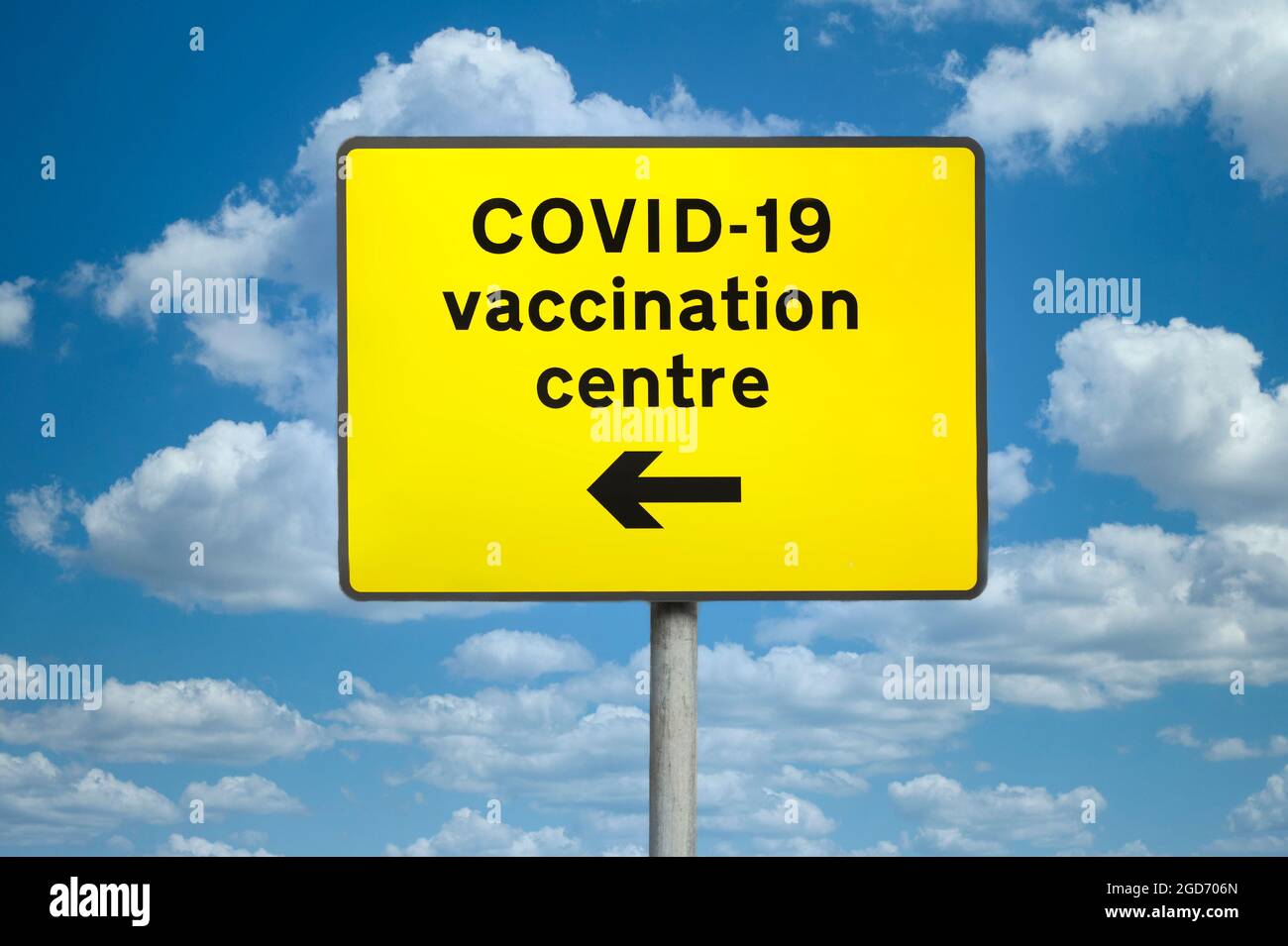 Vaccination medical centre for Covid-19 road sign  Stock Photo