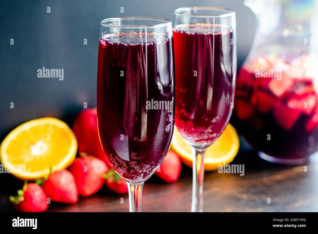 Red Wine Champagne Sangria Served in Flute Glasses Drinks made with