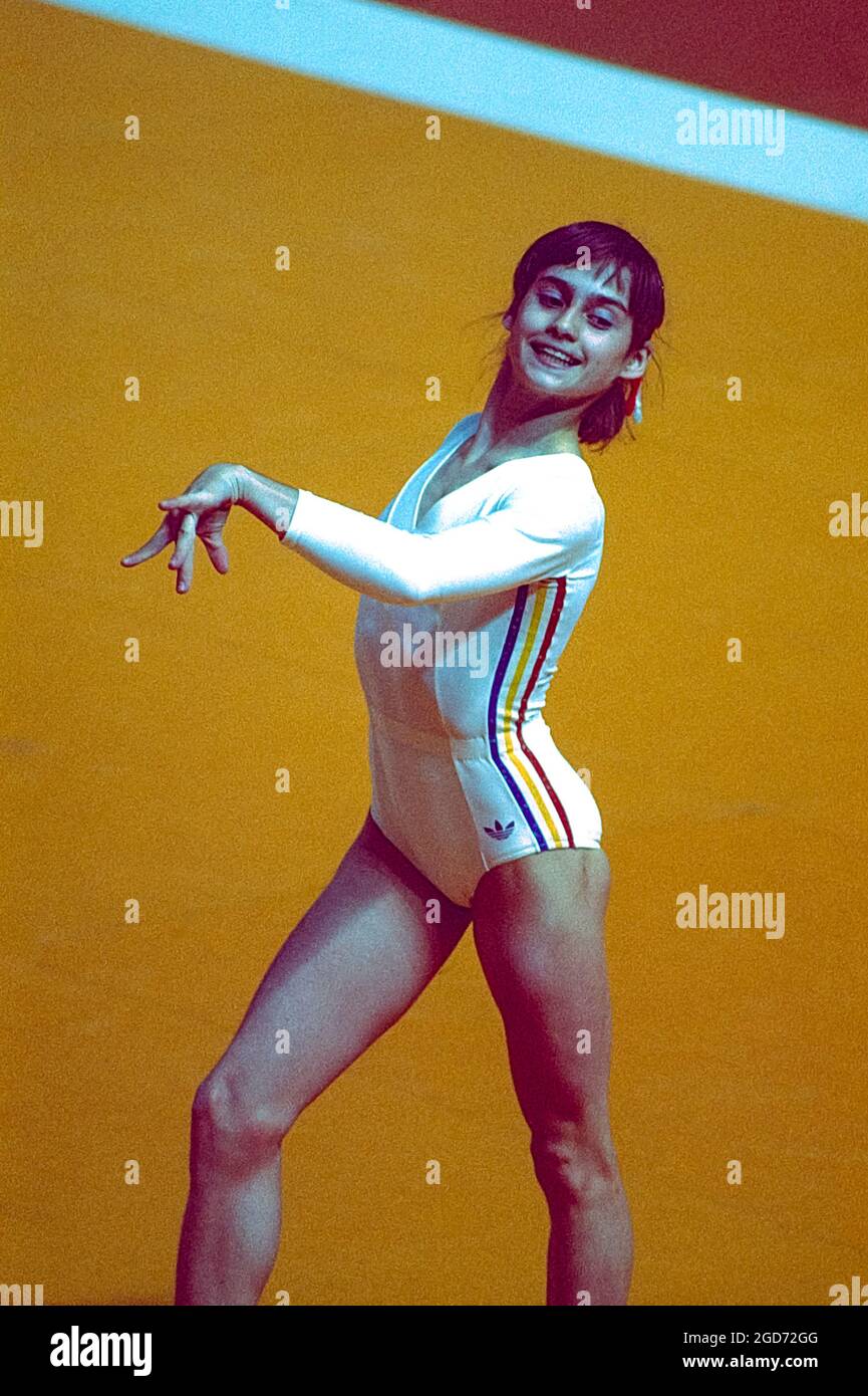 Nadia Comaneci (ROM) performs on the floor exercise at the 1976 Olympic Summer Games, Montreal, Canada Stock Photo