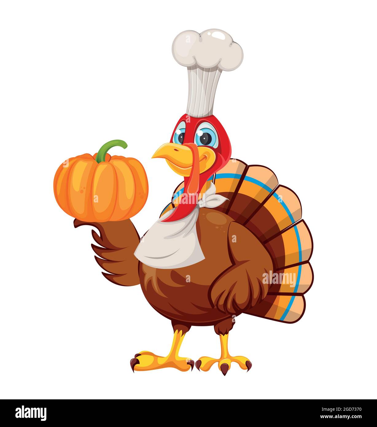 Happy Thanksgiving day. Funny cartoon character turkey bird. Turkey bird  chef with pumpkin. Stock vector illustration Stock Vector Image & Art -  Alamy